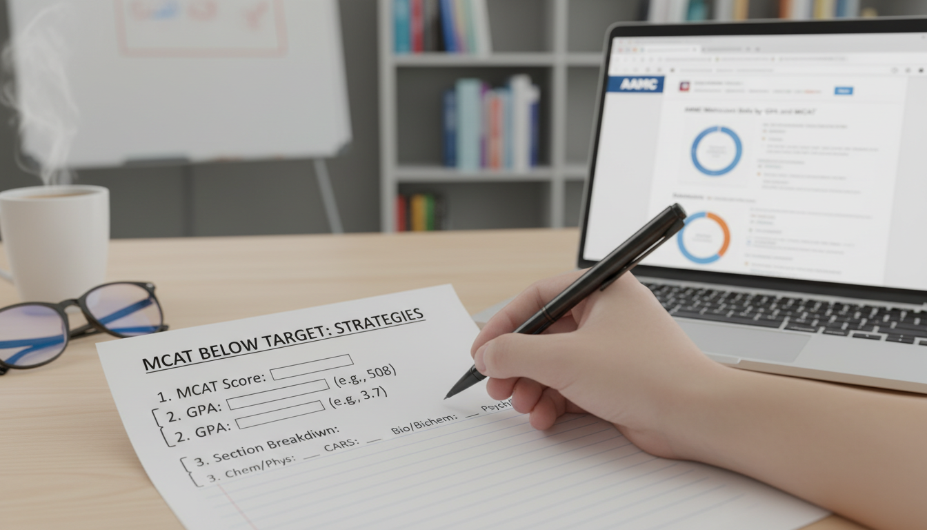 Premed student writing out MCAT and GPA snapshot Premed student writing out MCAT and GPA snapshot - for MCAT Below Target: Concrete Strategies to Still Build a Realistic Lis