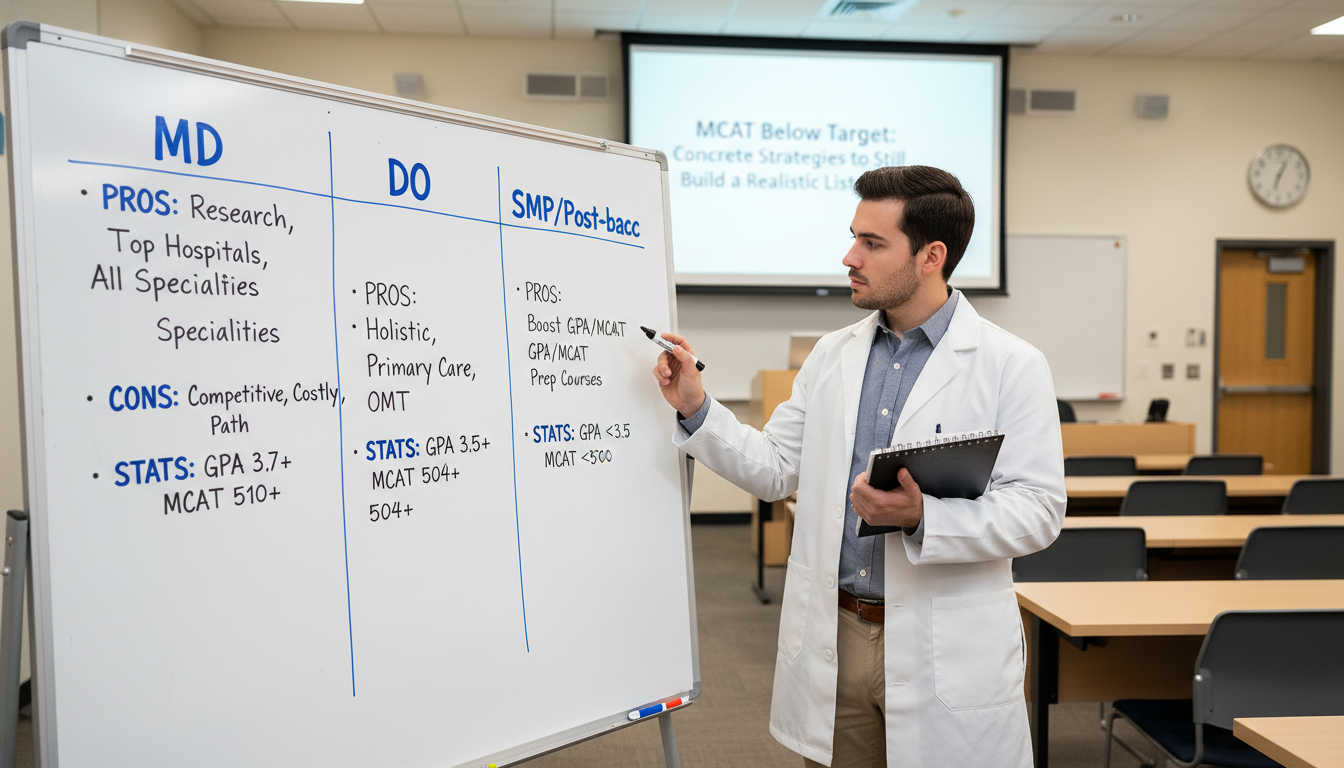 Premed comparing MD, DO and SMP options on a whiteboard Premed comparing MD, DO and SMP options on a whiteboard - for MCAT Below Target: Concrete Strategies to Still Build a Realis
