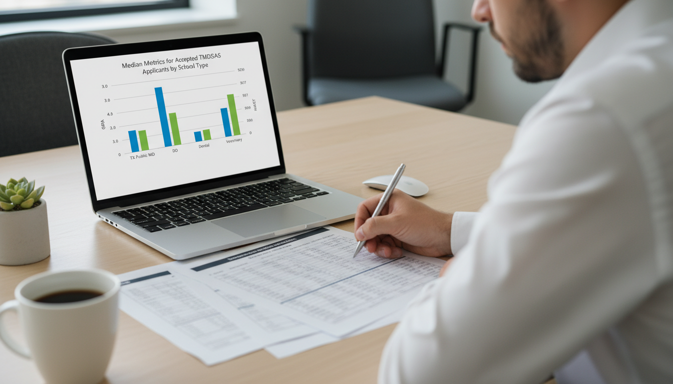 Comparison chart of GPA and MCAT medians by TMDSAS medical school type -  for Median Metrics for Accepted TMDSAS Applicants b