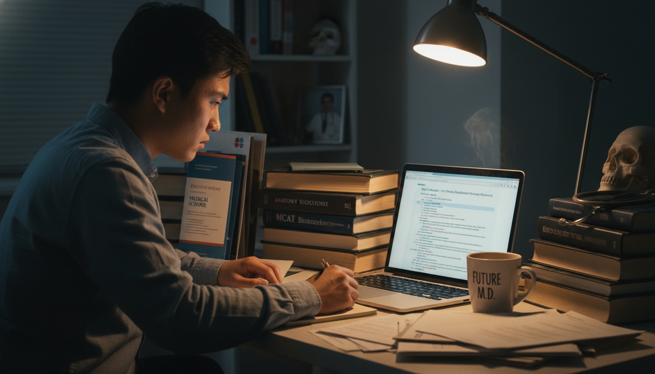 Premed student editing medical school personal statement late at night -  for Myth vs Reality: Is a ‘Perfect’ Personal Statem