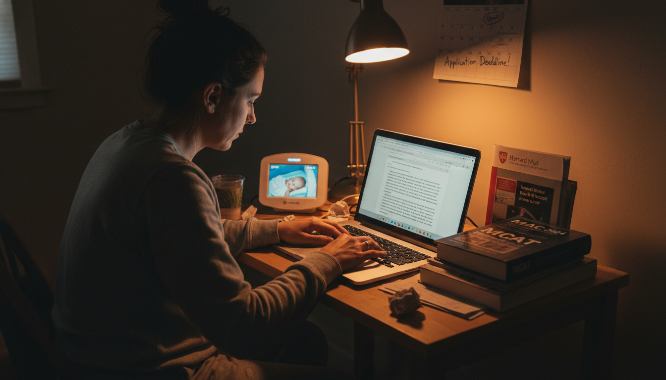 Premed parent writing personal statement at night -  for Parent or Caregiver While Applying: Time Management and Framing