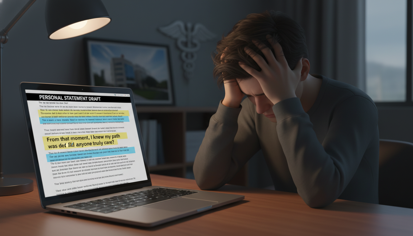 Medical school applicant staring at dramatic personal statement draft -  for Personal Statement Openings That Make Readers St