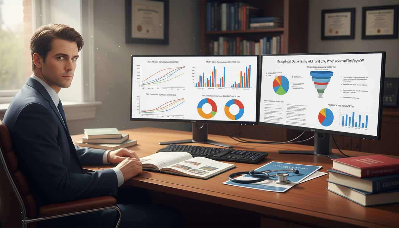 Premed student analyzing MCAT and GPA reapplication outcomes data -  for Reapplicant Outcomes by MCAT and GPA: When a Second