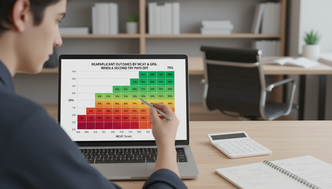 GPA vs MCAT heatmap showing medical school acceptance rates -  for Reapplicant Outcomes by MCAT and GPA: When a Second Try Pa
