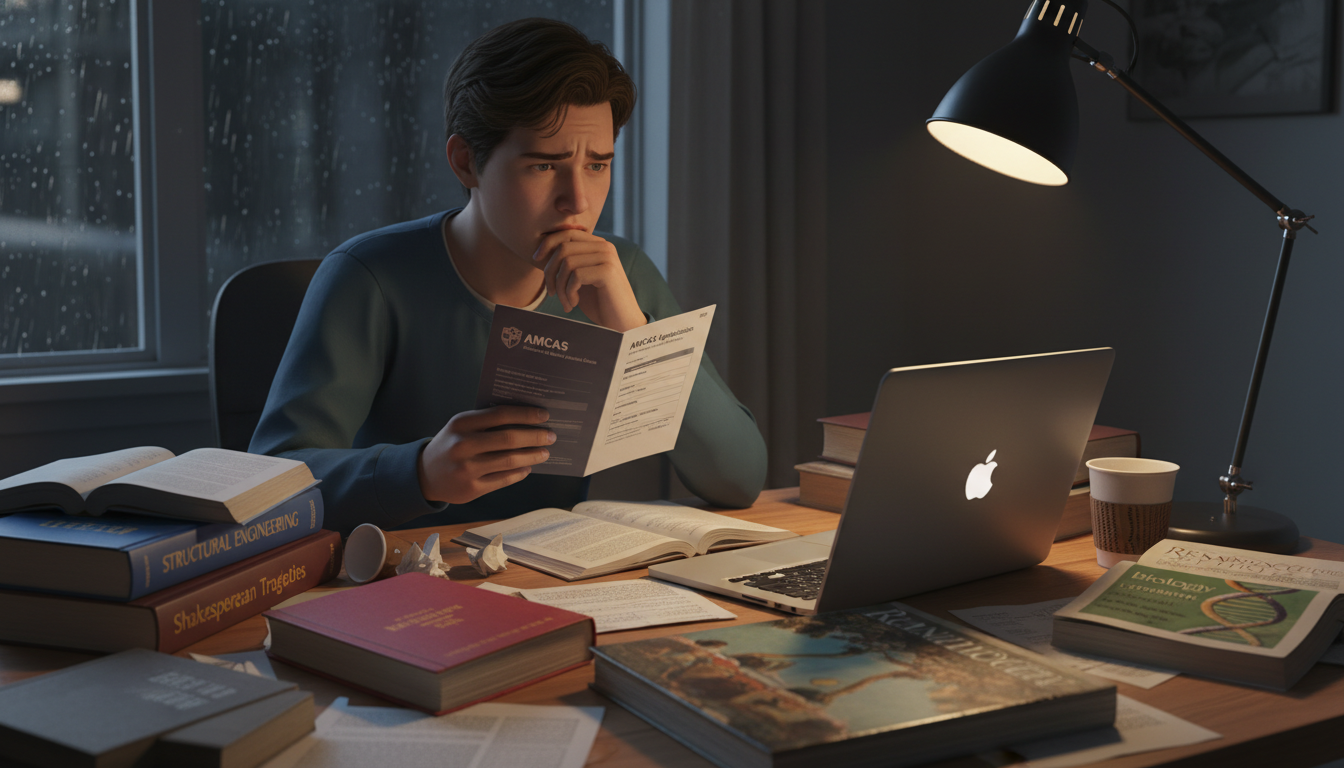 Anxious premed student staring at college transcript -  for Scared You Took the ‘Wrong’ Major for Medical School? Honest Answ