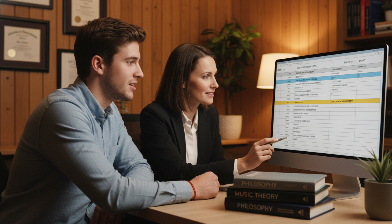 Nontraditional premed student reviewing coursework with advisor -  for Scared You Took the ‘Wrong’ Major for Medical School?