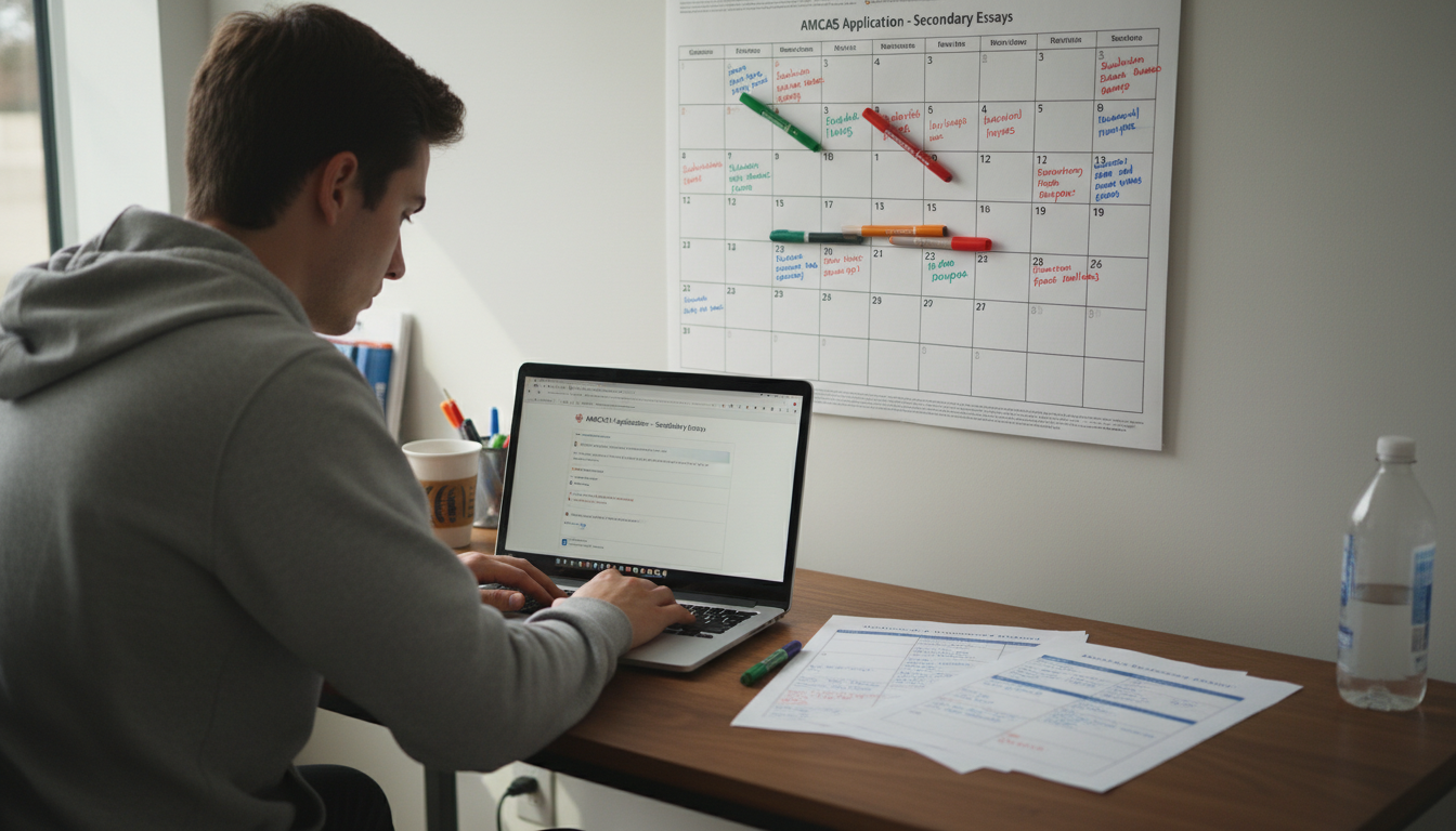 Premed student planning secondary essay strategy on laptop with calendar and notes -  for Secondary Essay Season: Week-by-Wee