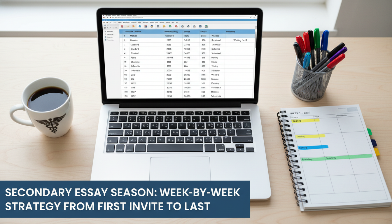 Premed secondary essay tracking spreadsheet and calendar -  for Secondary Essay Season: Week-by-Week Strategy from First Invi