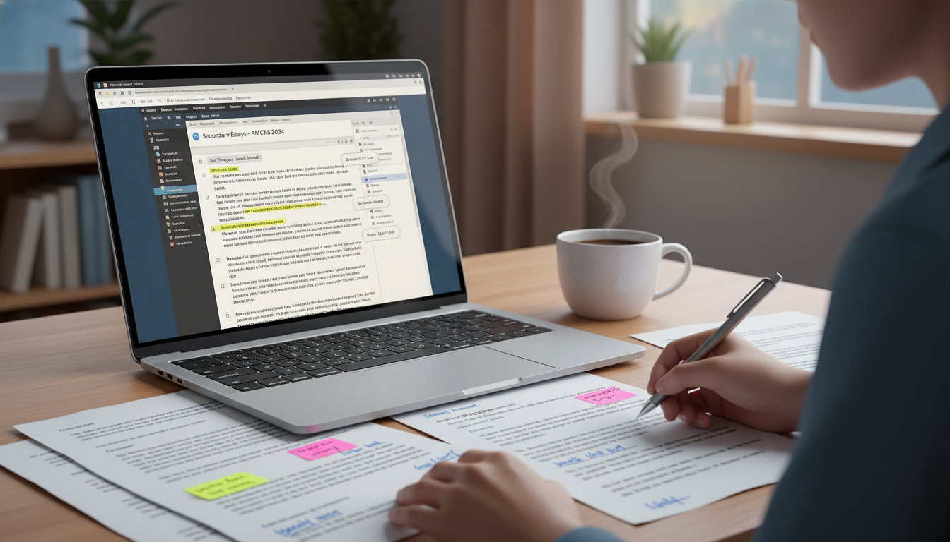 Student editing medical school secondary essays on laptop with notes -  for Secondary Essay Season: Week-by-Week Strategy fro