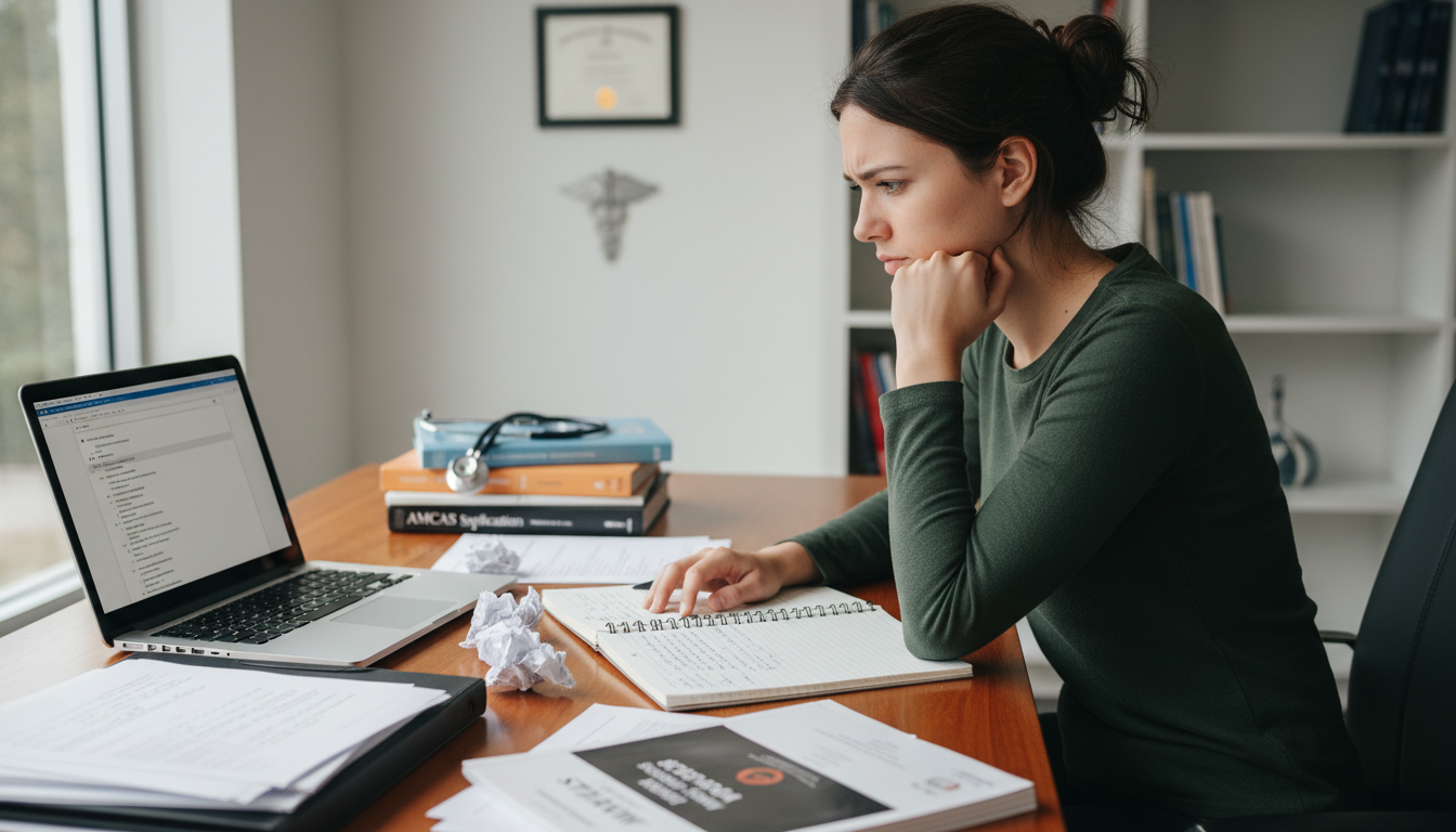 Premed student reflecting while writing a medical school application essay -  for Should I Explain Mental Health Challenges i
