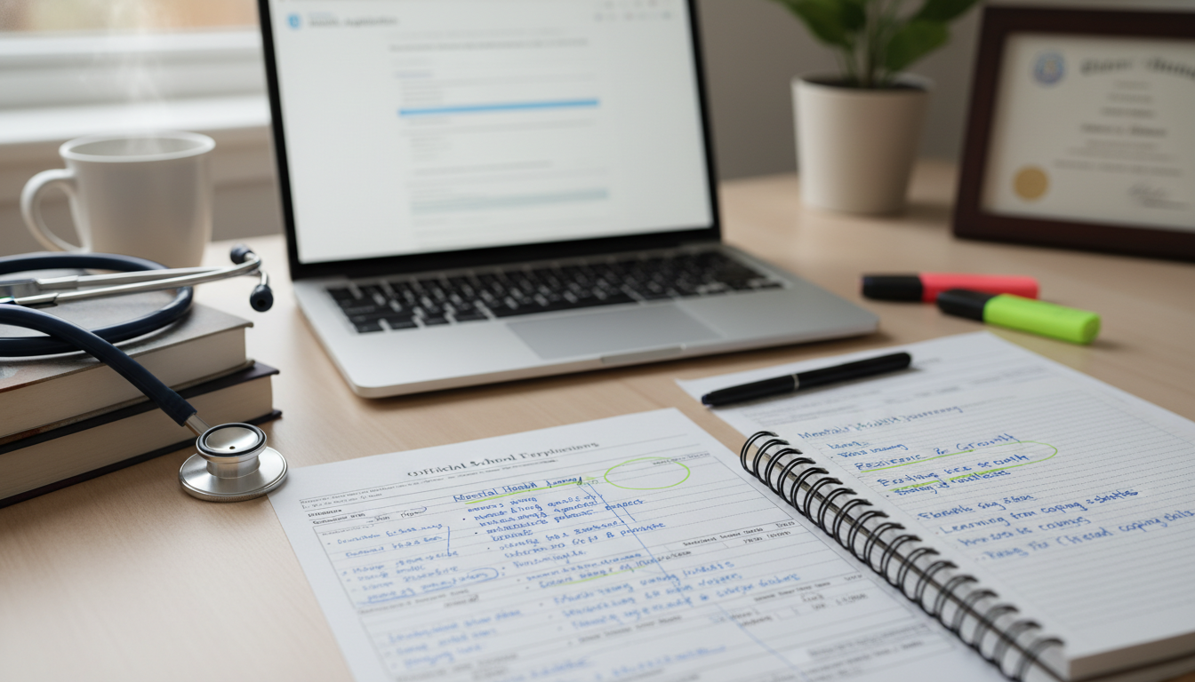 Medical school applicant reviewing transcripts and notes while drafting an essay -  for Should I Explain Mental Health Challe