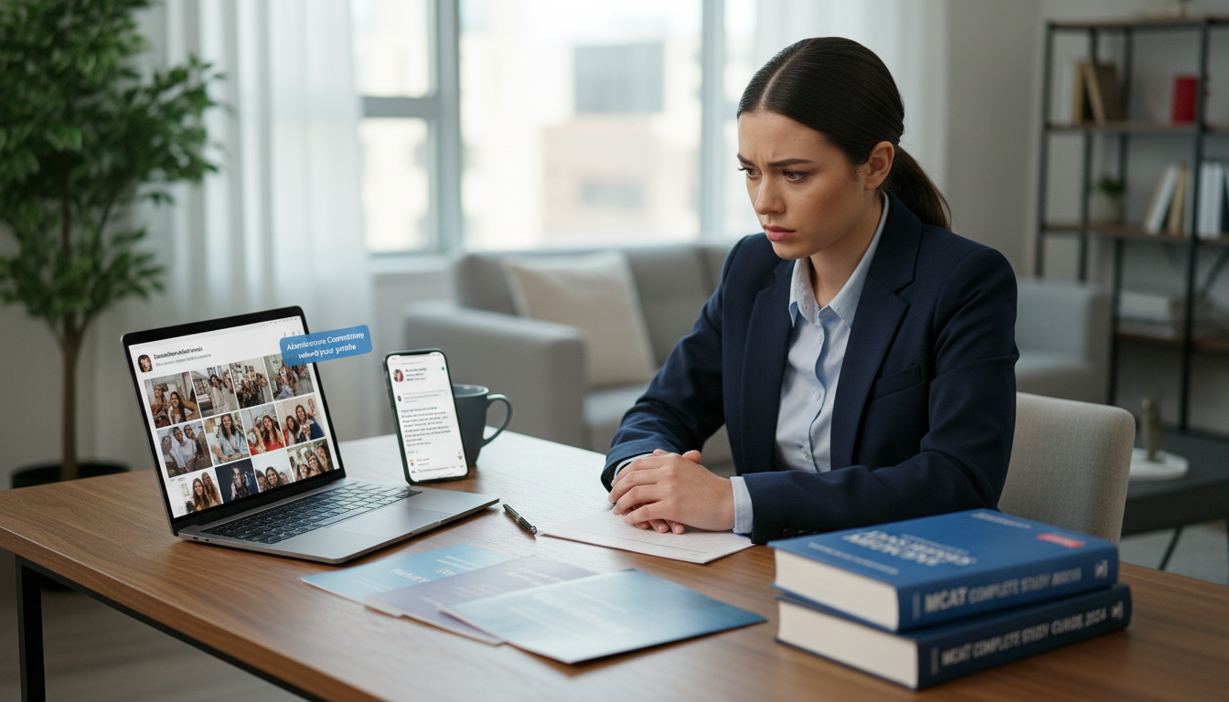 Medical student reviewing social media with concern Medical student reviewing social media with concern - for Social Media and Professionalism Mistakes That Cost You Interviews