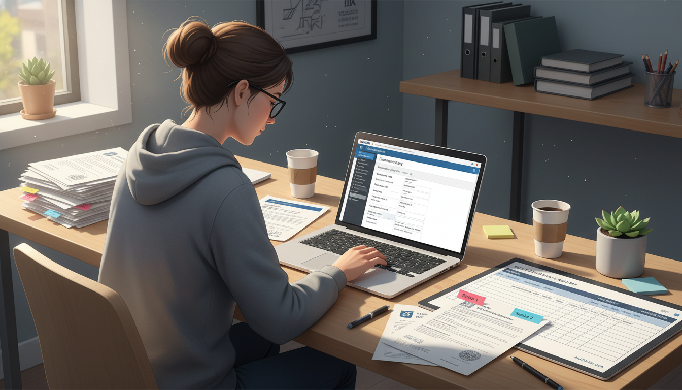 Premed student organizing transcripts for [AACOMAS coursework entry](https://residencyadvisor.com/resources/med-school-applic