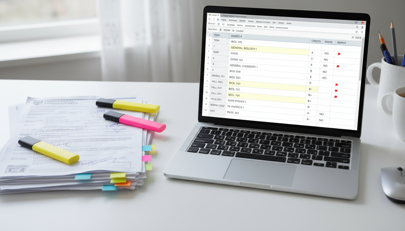 Detailed premed transcript audit for AACOMAS entry -  for Strategies for Accurately Reporting Repeated Courses in AACOMAS