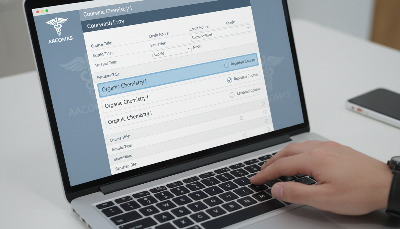 AACOMAS coursework entry screen with repeated course highlighted -  for Strategies for Accurately Reporting Repeated Courses