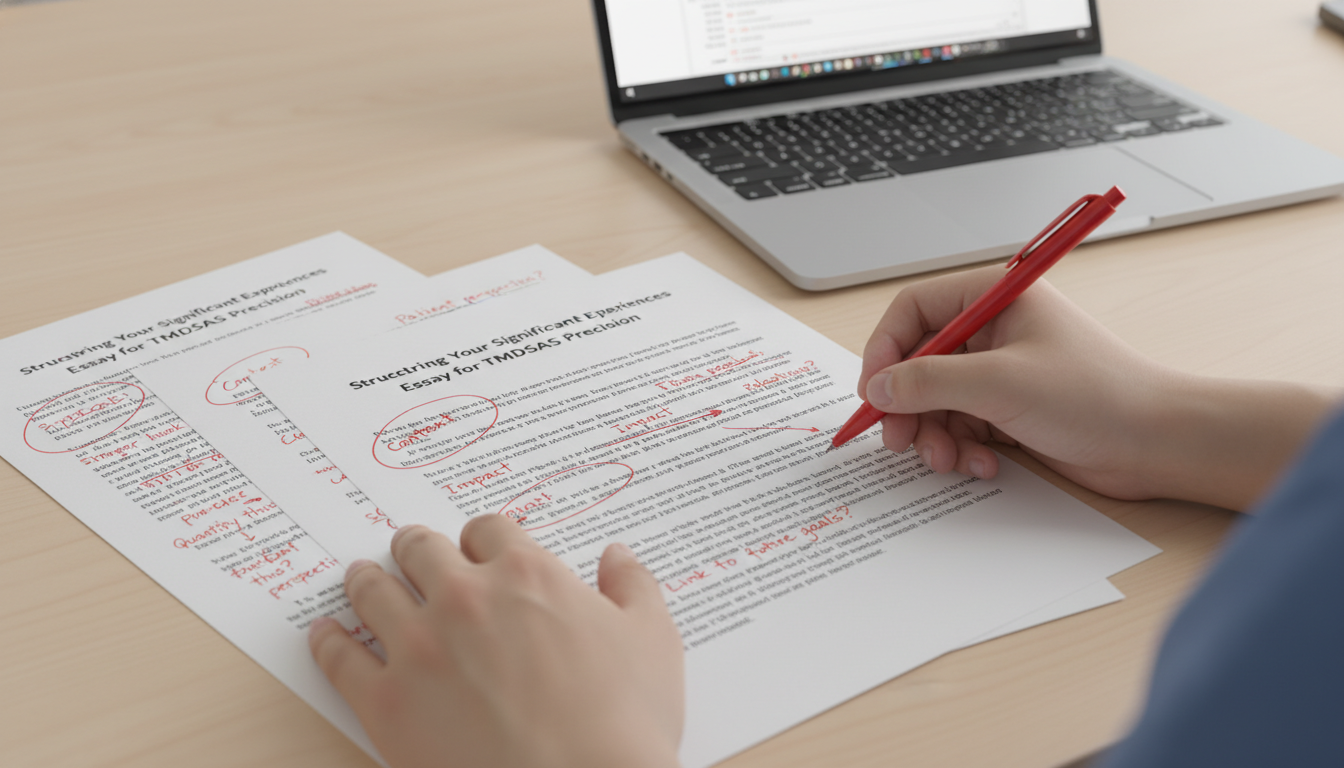Premed revising essay draft with structural notes -  for Structuring Your Significant Experiences Essay for TMDSAS Precision