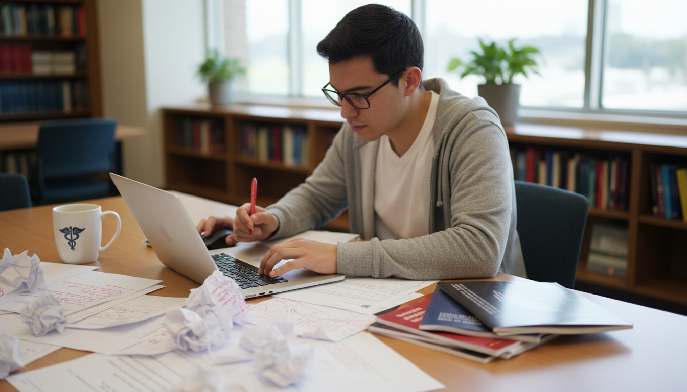 Premed working on AMCAS personal statement draft -  for The Ideal AMCAS Submission Timeline: From Draft to Verified