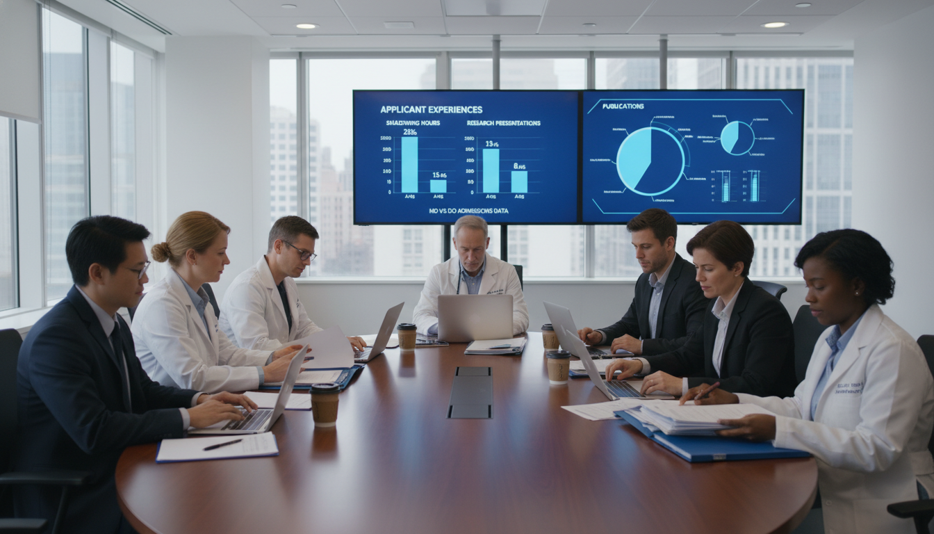 Medical school admissions committee reviewing applications focusing on shadowing and research Medical school admissions committee reviewing applications focusing on shadowing and research - for The Real Weight of Shado