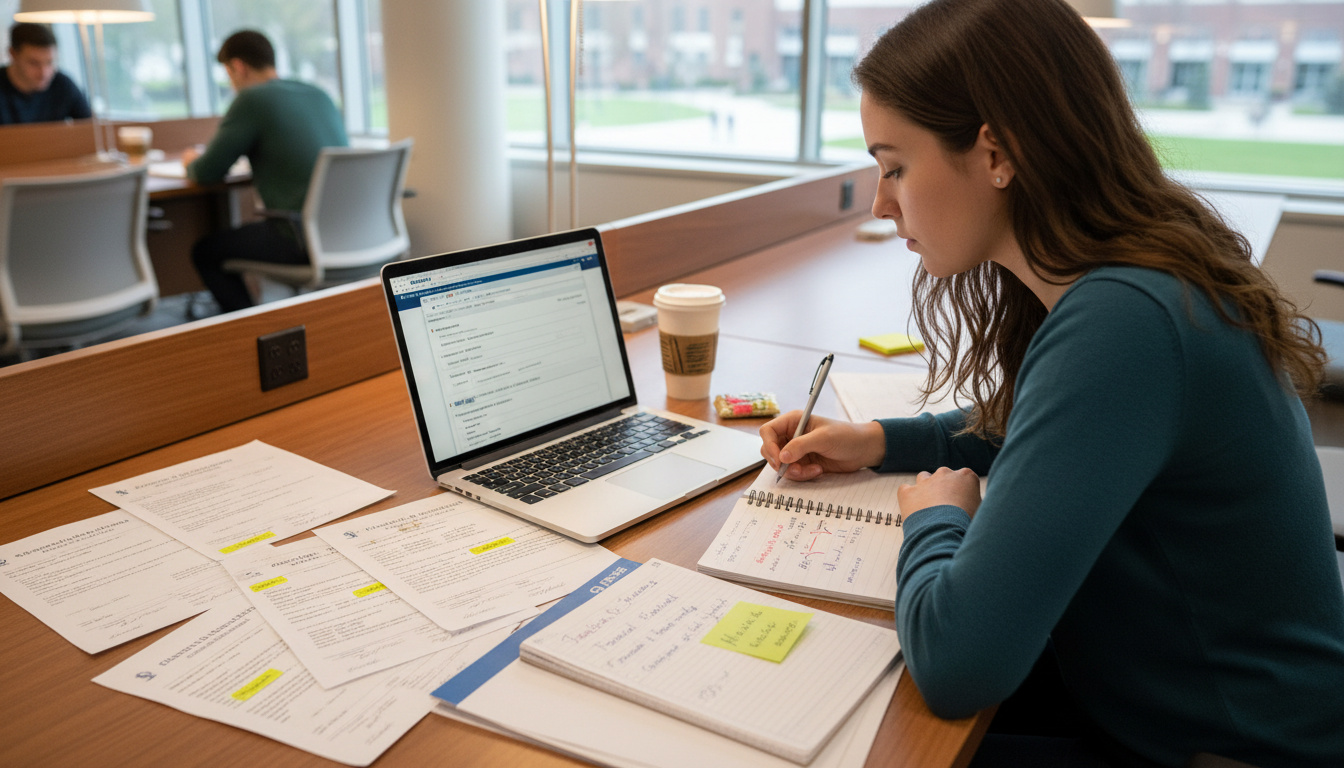 Premed student reviewing transcripts and AMCAS transfer entries -  for Transferring Colleges Mid-Pre-Med: How to Present It o