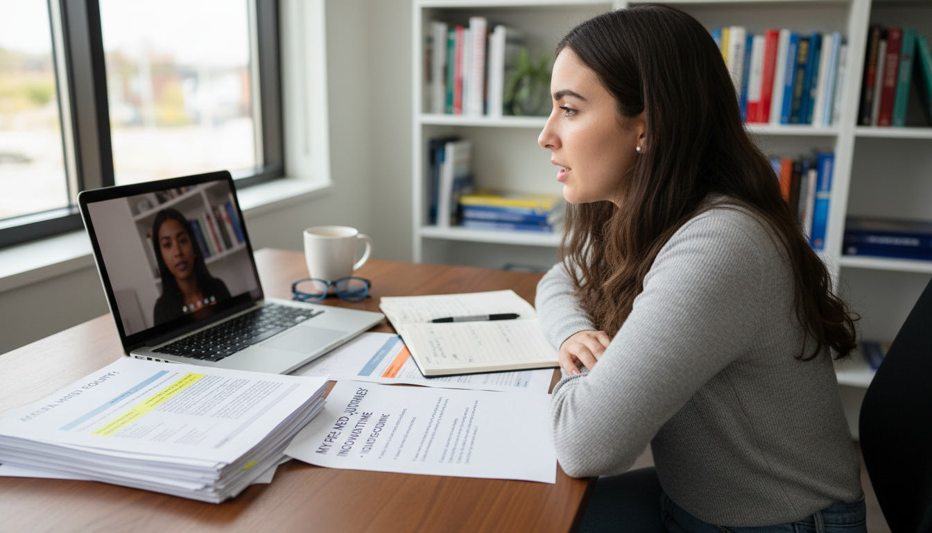 Pre-med student practicing interview responses with theme notes -  for Turn Disparate Activities into a Clear Pre-Med ‘Theme’
