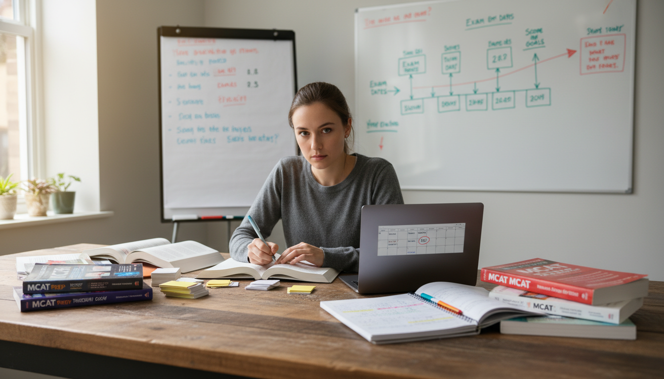 Premed student planning MCAT retake strategy with study materials -  for What Faculty Actually Think When They See Multiple M