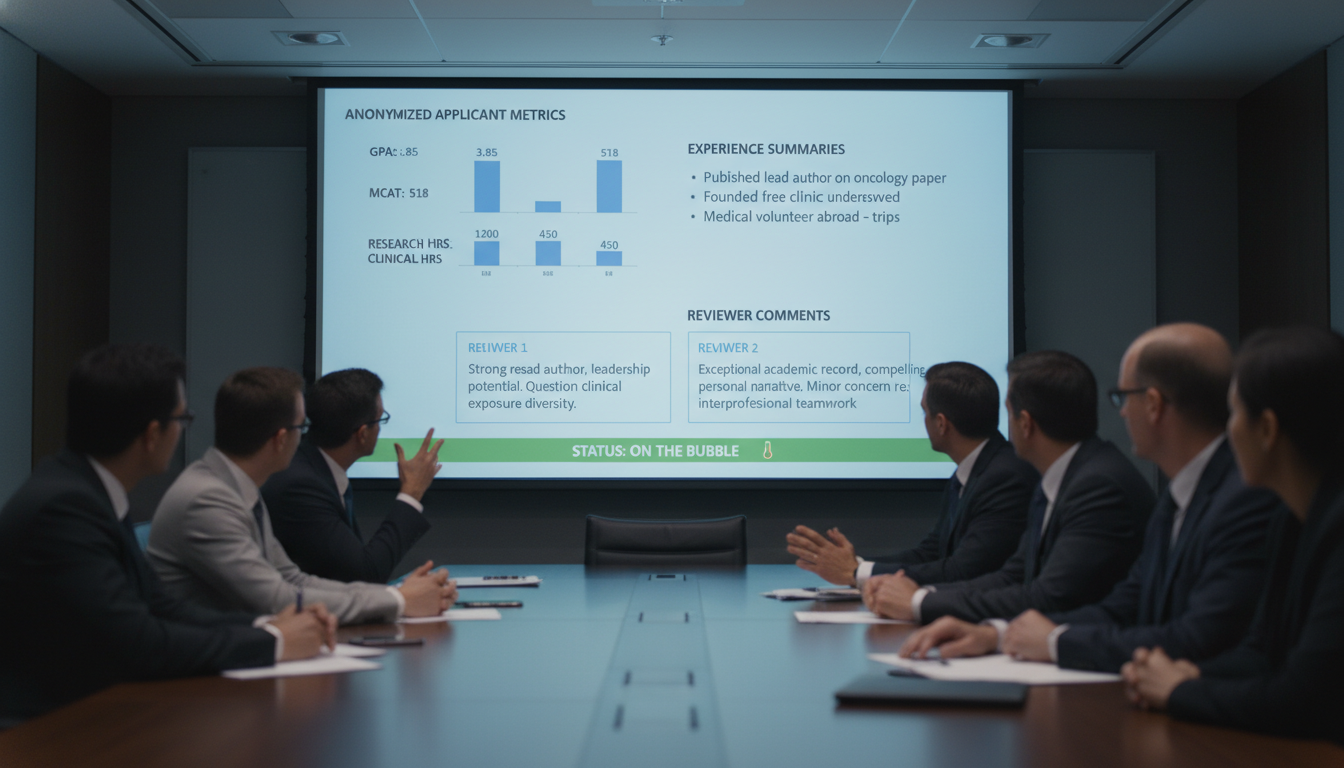 Projected application dashboard in an admissions committee meeting -  for What Happens in the Room When Your Application Is o