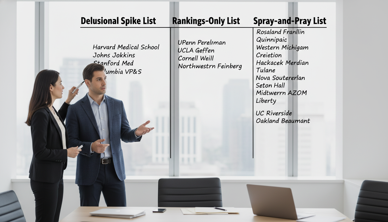 Different types of medical school lists on a whiteboard -  for Why Your School List Screams ‘I Don’t Understand Admissions’