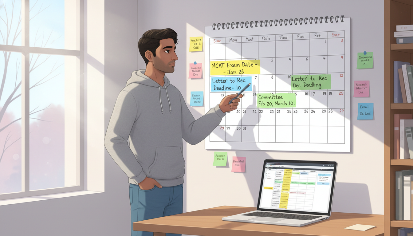 Premed student tracking MCAT scores and letter deadlines on a wall calendar -  for Winter Before You Apply: Deadlines You Can