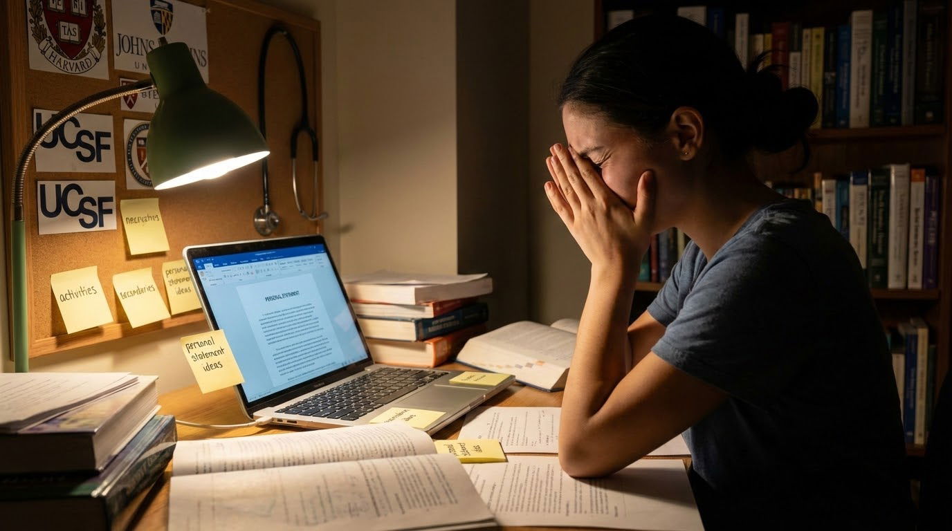 Premed student anxiously reviewing medical school application theme Premed student anxiously reviewing medical school application theme - for Worried You Don’t Have a Clear ‘Theme’? How Commit