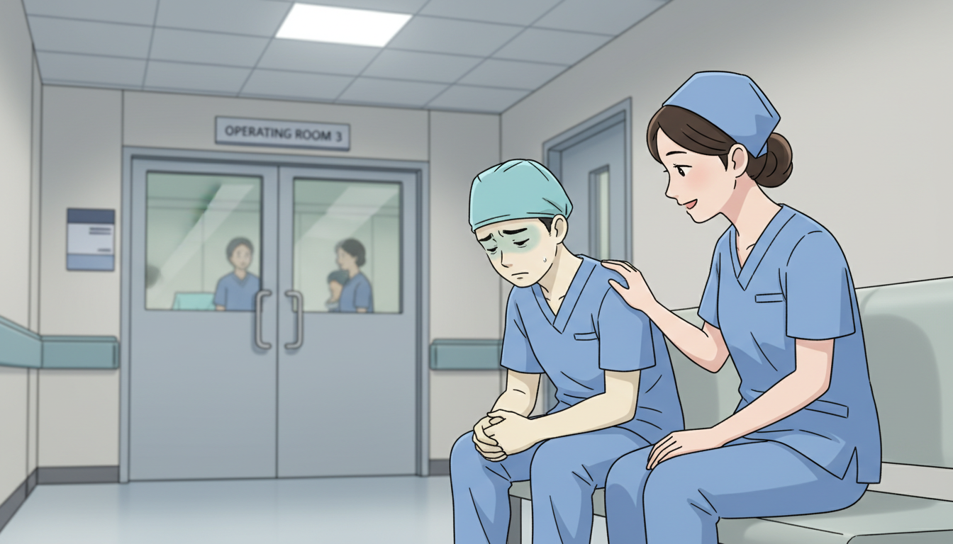 Medical student briefly stepping out of operating room looking pale -  for Afraid of Blood or Procedures During Shadowing: Ca