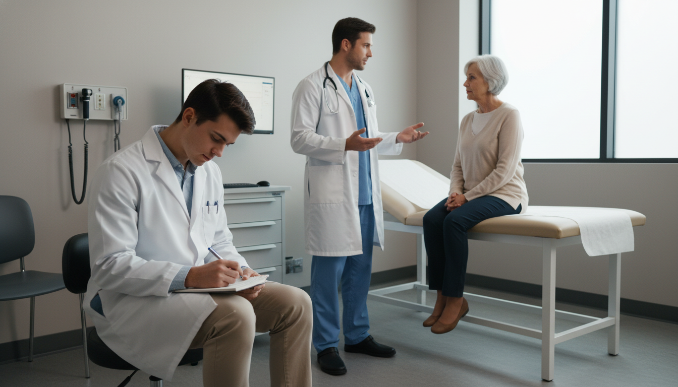 Premed student taking structured notes while shadowing physician during patient visit -  for Already Shadowed Once? Concrete