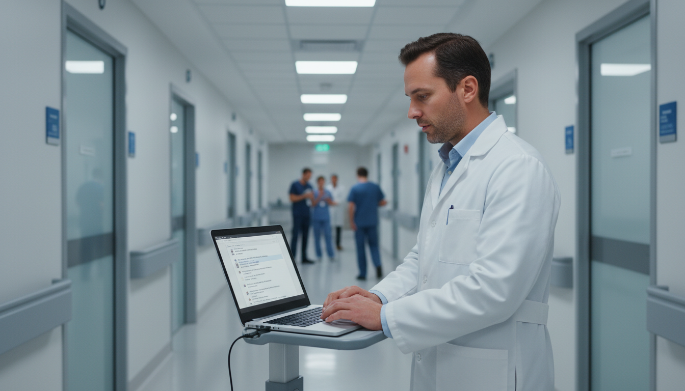 Physician scanning a student shadowing request email between patients -  for Behind the Scenes: How Your Shadowing Email Is J