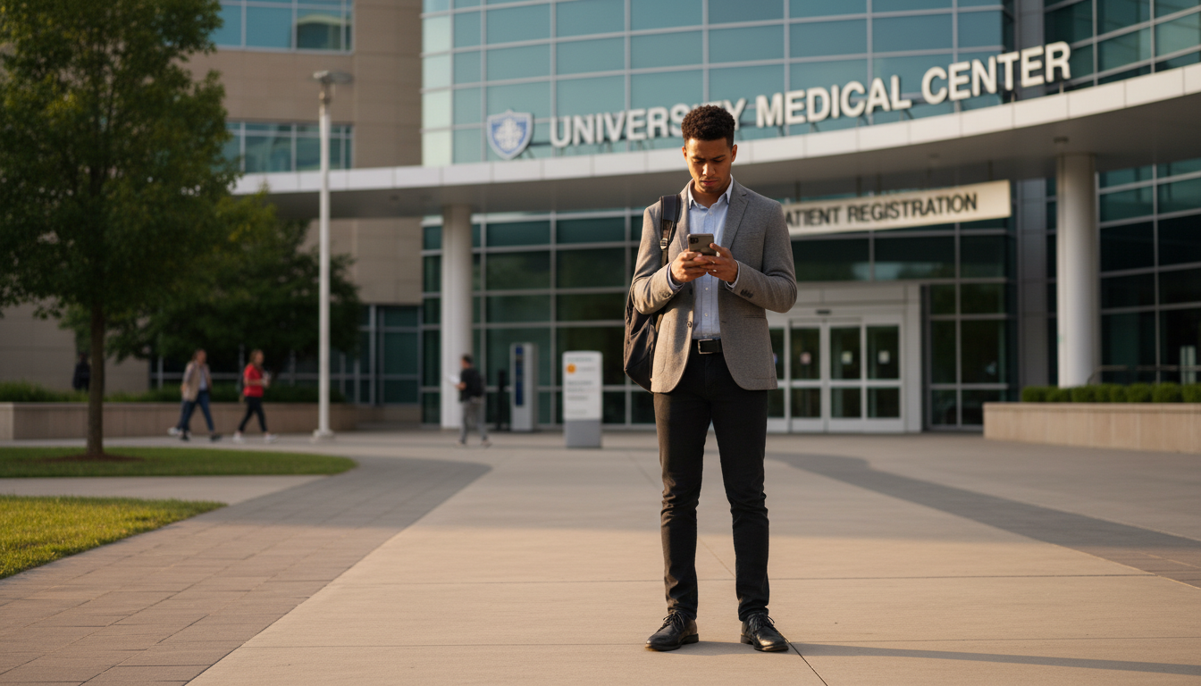 Premed student checking email on phone outside a hospital -  for Behind the Scenes: How Your Shadowing Email Is Judged by Phy