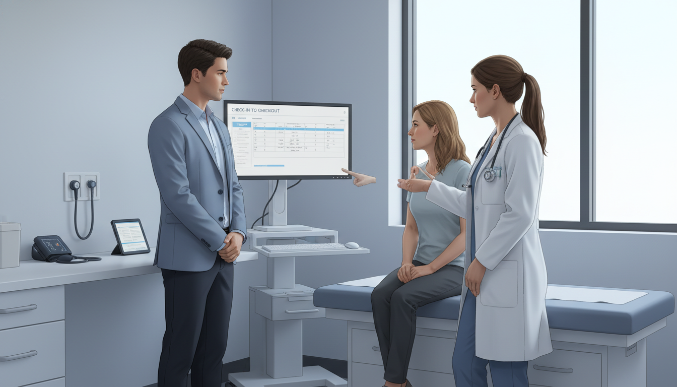 Medical student shadowing physician during busy outpatient clinic session -  for Clinic Shadowing Workflow: Understanding Che