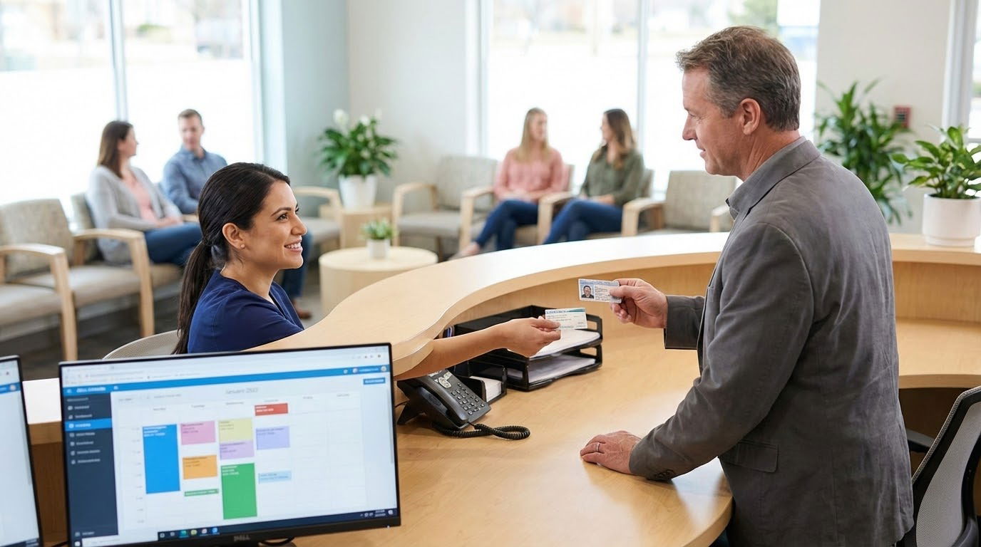 Front desk staff checking in a patient at outpatient clinic -  for Clinic Shadowing Workflow: Understanding Check‑In to Check