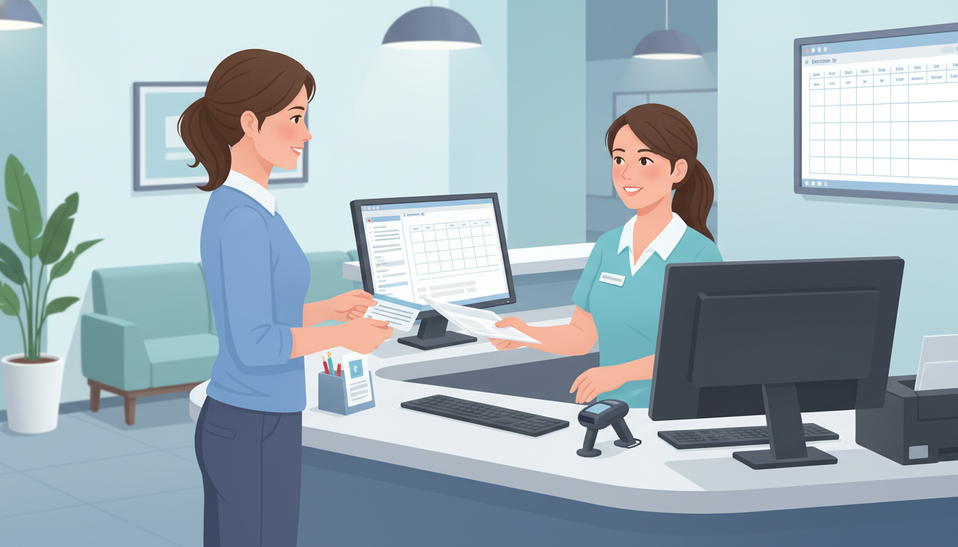 Patient checking out at clinic front desk after visit -  for Clinic Shadowing Workflow: Understanding Check‑In to Checkout