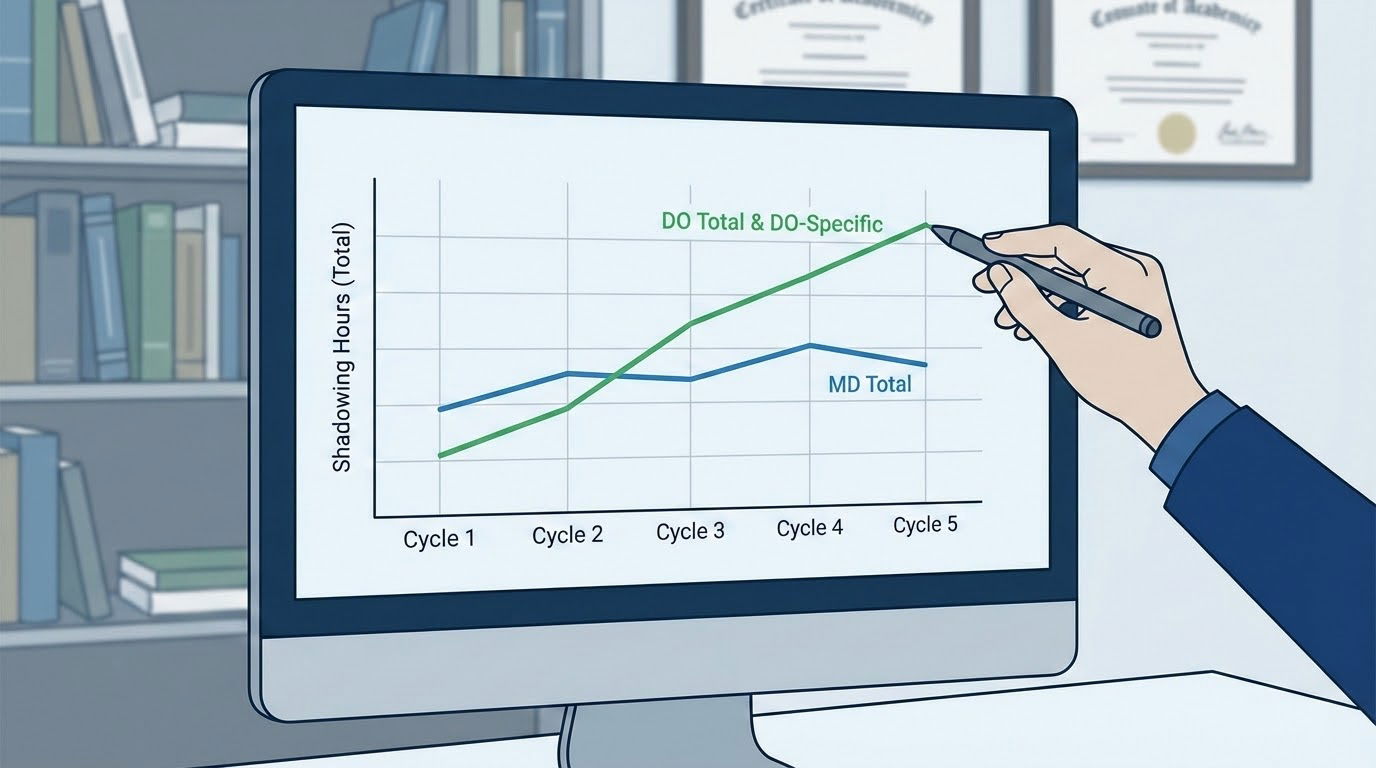 Graph showing DO vs MD shadowing hour trends -  for Comparing Shadowing Profiles of MD vs DO Matriculants Over 5 Years