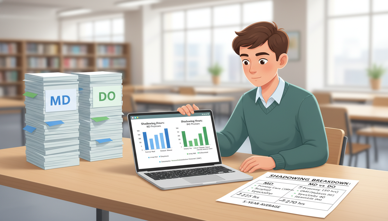 Premed planning MD+DO applications with data charts -  for Comparing Shadowing Profiles of MD vs DO Matriculants Over 5 Years