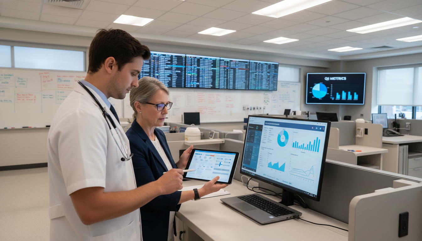 Medical student shadowing physician while reviewing data on a tablet -  for Converting Shadowing into a Research or QI Opport