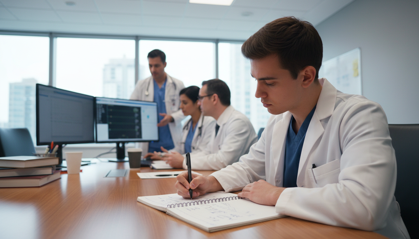 Medical student taking structured notes during clinical shadowing -  for Converting Shadowing into a Research or QI Opportuni
