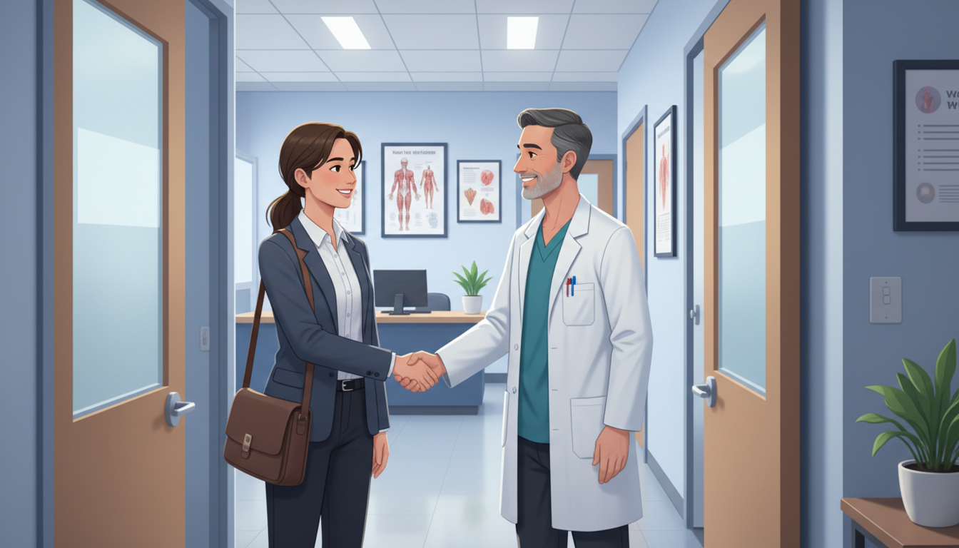 Premed student meeting a physician before starting shadowing day -  for Day‑of Shadowing Timeline: From Arrival to Reflective