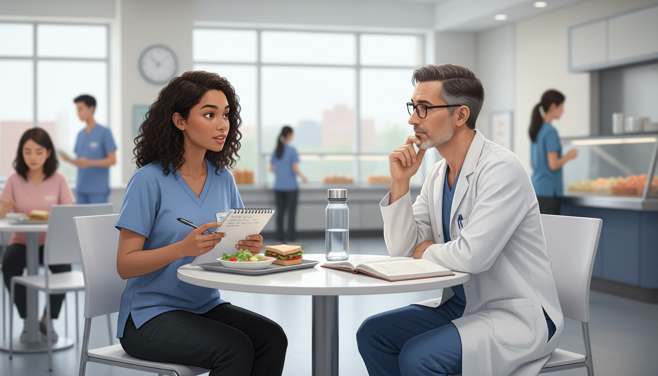 Premed student and physician having a brief mentoring discussion during lunch break -  for Day‑of Shadowing Timeline: From Ar