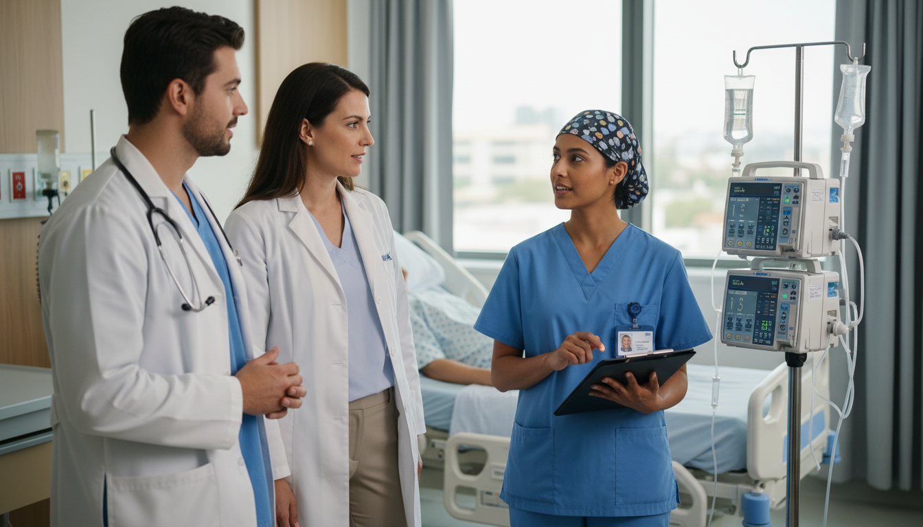 Inpatient nurse coordinating care with medical team at bedside -  for Decoding the Healthcare Team Hierarchy During Shadowing