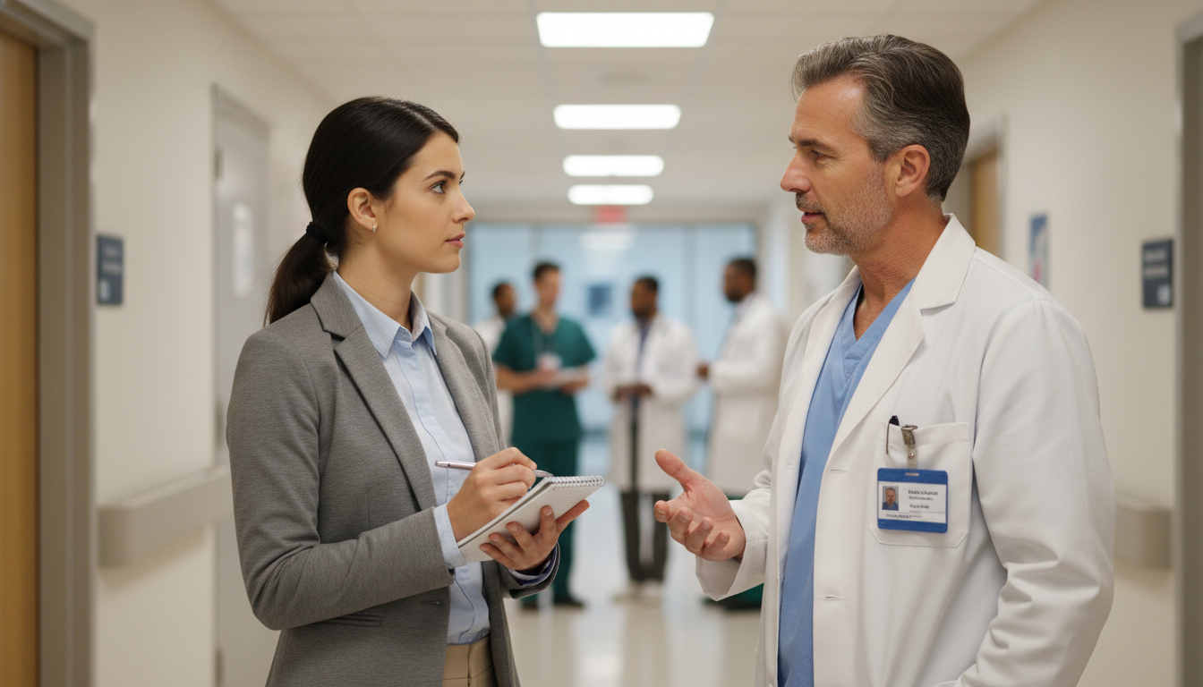 Medical student shadowing a physician and taking notes on professional language -  for Developing Professional Language: Phra