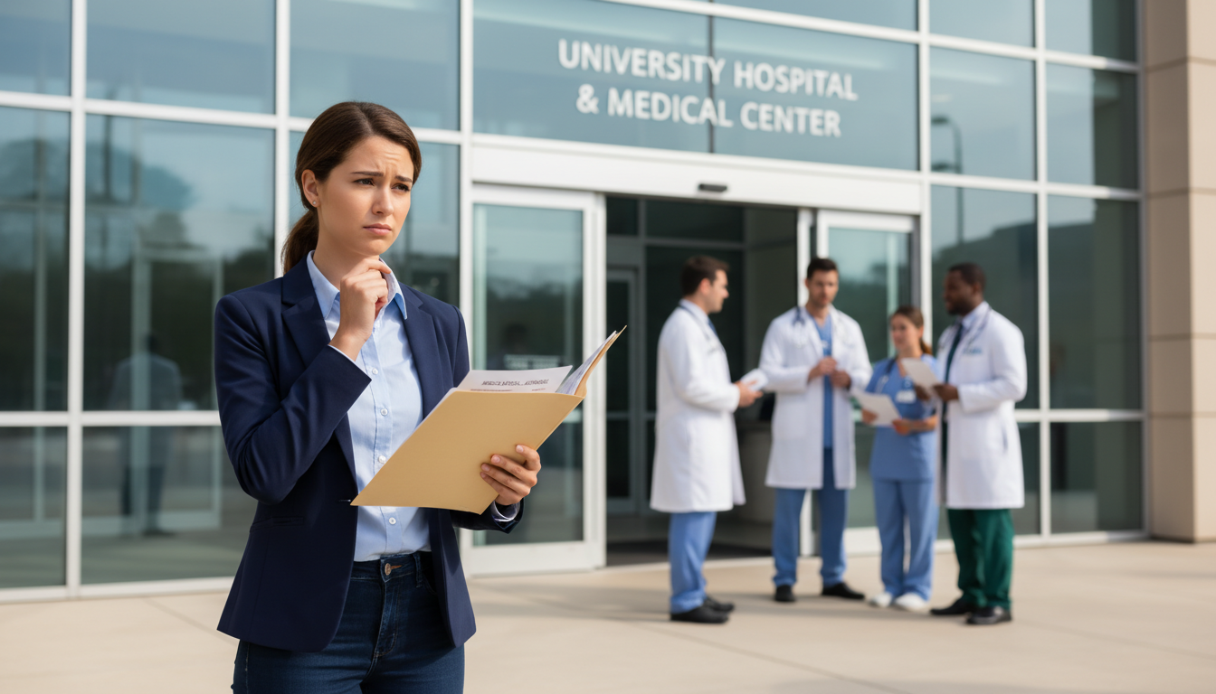 Premed student looking uncertain outside hospital about shadowing requirements -  for Does a Lack of Shadowing Doom a Strong