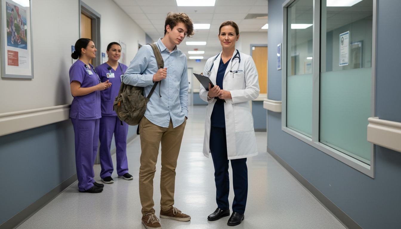 Premed student in clinic hallway being subtly judged for unprofessional dress and poor hygiene during medical shadowing -  fo