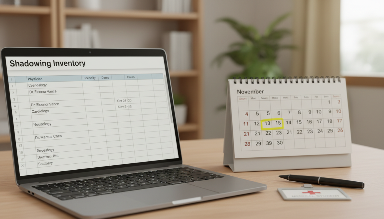 Premed shadowing inventory spreadsheet and calendar -  for Final 6 Months Before AMCAS: Shadowing Tasks to Complete and Recor