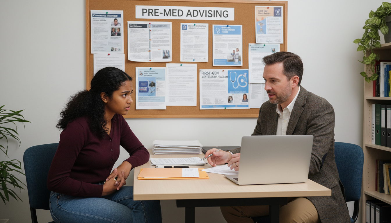 Premed student talking to campus advisor about shadowing -  for First‑Gen College Student with No Physician Network: Where to