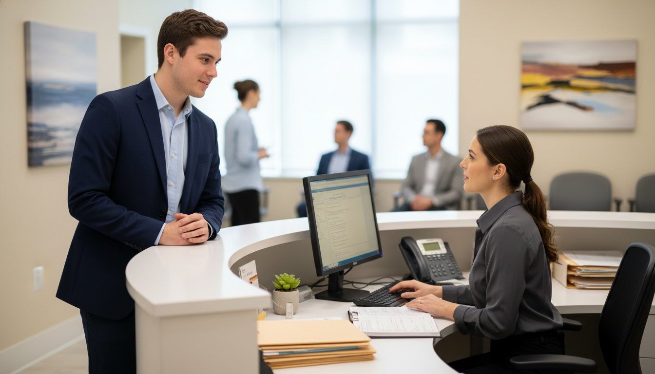 Medical office front desk with student speaking to receptionist -  for Handling Cancellations from Physicians: How to Rebook