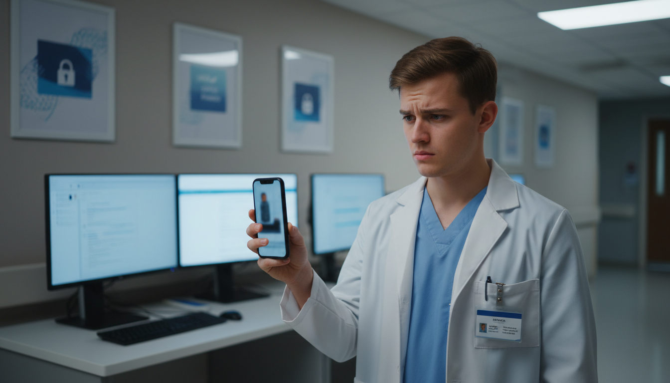 Medical student looking at smartphone near clinical workstations -  for HIPAA Violations Premeds Commit While Shadowing (With